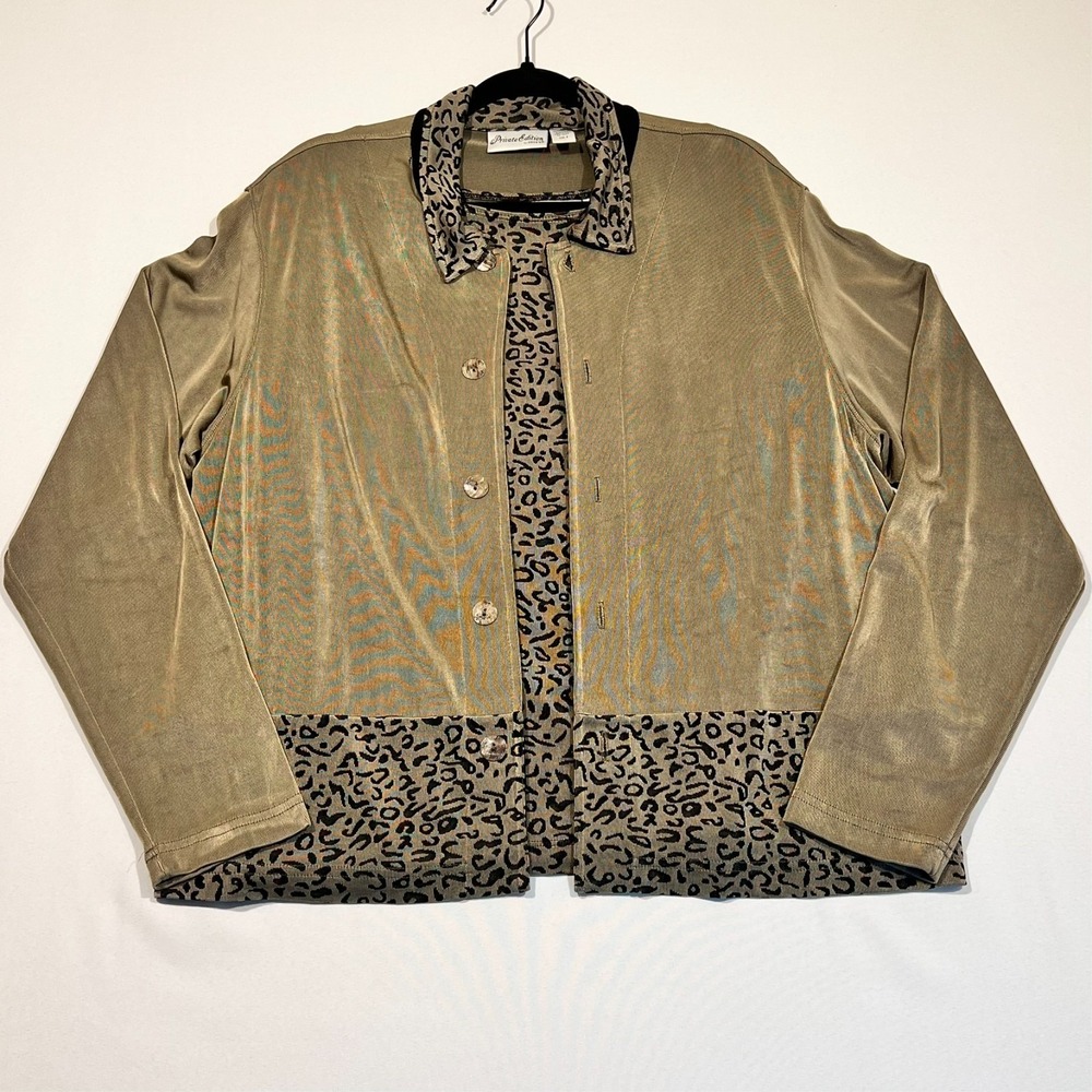 VTG Chico's Private Edition Set Cardigan Size 2 Top Size 3 Green‎ Leopard Slinky